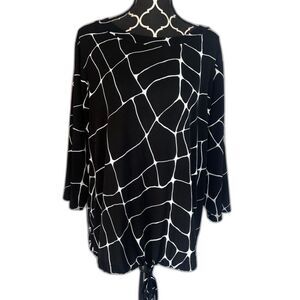 Worthington Black White Patterned Boatneck Drawstring Waist Jersey Top Size XL